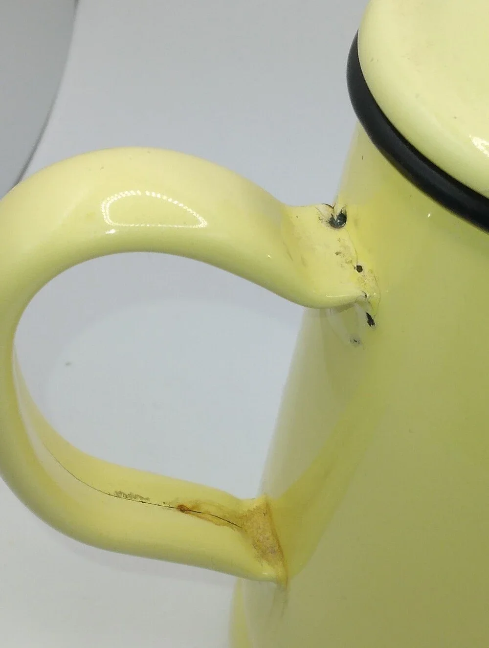 Vintage Yellow Enamelware Coffee Pot, 6 Inches, Bakelite Knob, Black Trim, READ
